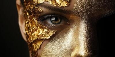 Womans face partially covered in gold leaf and paint photo