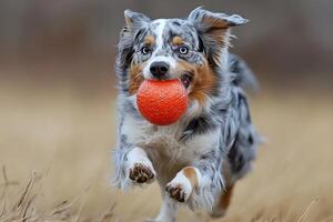 A dog running with a ball in its mouth photo