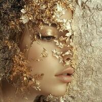 Woman portrait covered and decorated with shimmering golden flakes photo