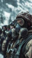 A group of soldiers wearing gas masks photo