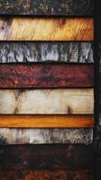 Stacked weathered wood planks displaying various colors and textures photo