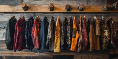 Various colored jackets hanging on wooden hangers with wooden decor photo