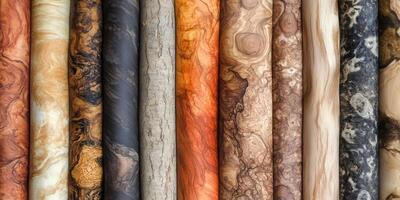 Assortment of textured and patterned wooden veneer sheets closeup photo