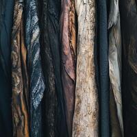 Abstract arrangement of various textured fabrics and tree bark photo