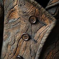 Closeup of a patterned jacket with three brown buttons photo