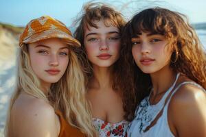 Friends enjoying a sunny day at the beach with golden sand and clear blue skies photo
