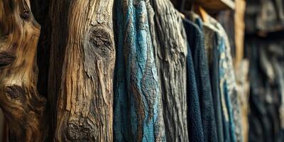 Knitted garments hang on a rack resembling weathered tree trunks photo