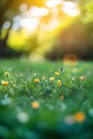A field of grass with flowers and trees in the background photo