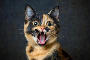 A calico cat with its mouth open photo