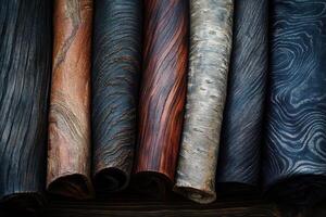 Rolled colorful wooden veneers exhibit diverse grain patterns closeup photo