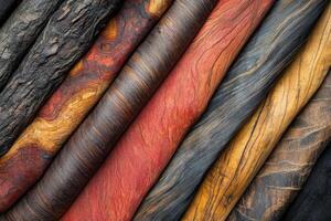Assortment of various colorful natural wooden trunks stacked together photo