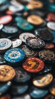 Many different colored chips are scattered on a table photo