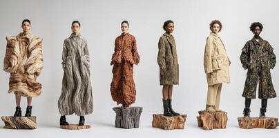 Models display unique earth tone clothing on rustic tree stumps photo
