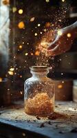 Hand sprinkles magic dust into a glass potion bottle photo