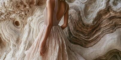 Woman stands in elegant dress against patterned rock formation photo