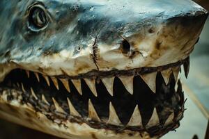A close up of a shark with its mouth open photo