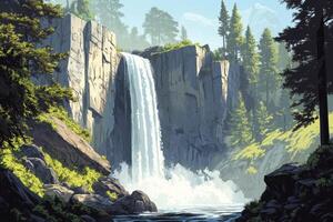 Cascading waterfall surrounded by lush greenery in a serene forest setting photo