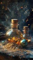 Two potion bottles and some magical orbs resting on wood photo
