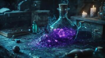 Glass potion bottle contains a glowing purple magical substance photo