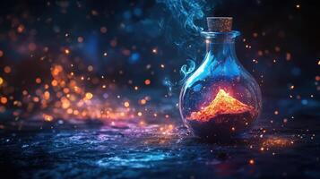 Magical glass jar with glowing substance and mystical smoke photo