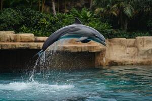 A dolphin jumping out of the water in an aquarium photo
