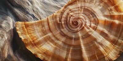 Detailed shot showcasing a spiraling seashell on textured surface photo