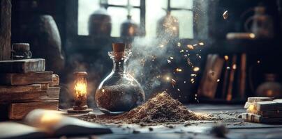 A dusty potion sits near a spilled pile of herbs photo