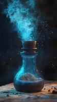 Glowing blue vapor emerges from a potion bottle photo
