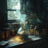 Alchemist workspace with glowing dust and potion jars near window photo