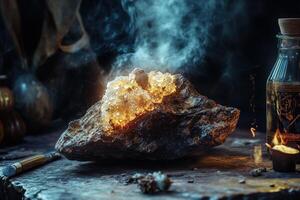 A mystical geode glows amidst tools and alchemical supplies photo