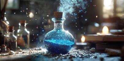 A magical blue potion sits on a wooden table photo