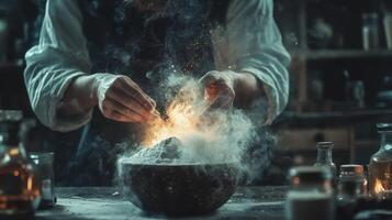 Alchemist stirring a magical concoction in a bowl with smoke photo