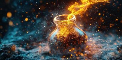 Magical potion flows out of a mysterious dark glass jar photo