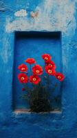 A blue wall with red flowers in a window photo