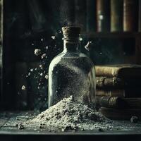 Alchemist bottle with dust and books in a dark setting photo