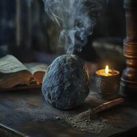 Smoldering rock sits upon an antique table beside candle photo