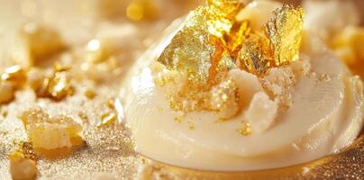 Creamy dessert with golden flakes and crunchy toppings photo