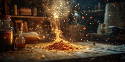 Golden magical dust rises above a pile on wooden surface photo