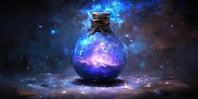 Spherical glass potion bottle contains a mesmerizing cosmic galaxy photo