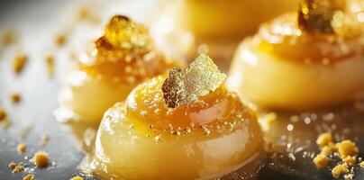 Appetizing desserts adorned with gold leaf on reflective surface photo