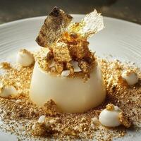 Elegant panna cotta dessert adorned with shimmering gold leaf flakes photo