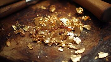 Gold flakes rest on a wooden surface with tools nearby photo