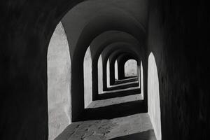 Shadows and arches create an atmospheric perspective in an ancient corridor photo