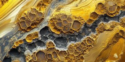 Abstract rock formation shows grey and golden textures and patterns photo