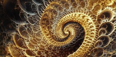 Golden fractal spiral with intricate cellular structure swirls inward photo