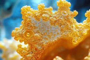 Close up image of yellow coral against blue background photo