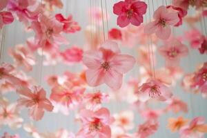Beautiful display of hanging pink flowers creating a serene atmosphere in a bright indoor space photo