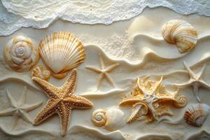 Sunlight illuminating seashells and starfish on sandy ocean floor during daytime photo