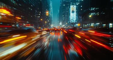 City traffic illuminated by neon lights during a rainy evening rush hour photo