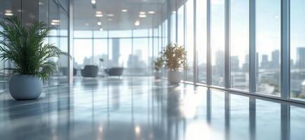 Modern office interior with large windows and city view during daylight hours photo